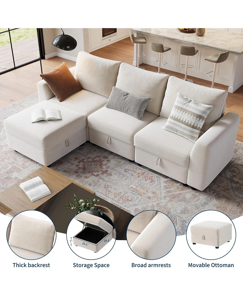 gaomon L-Shape Sectional Sofa with Storage, 108" Modular Couch, 4-Seater Sofa Bed with Ottoman, Chenille Fabric with Hidden Storage for Small Spaces