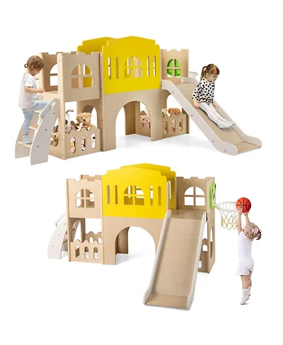 Slickblue Kids 7 in 1 Slide Playset with Climber and Basketball Hoop