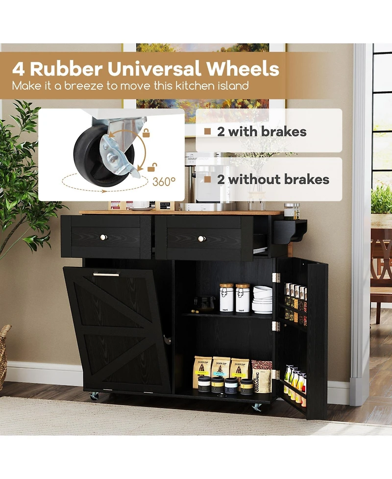 Sugift Rolling Kitchen Island with Trash Can Cabinet and Rubber Universal Wheels