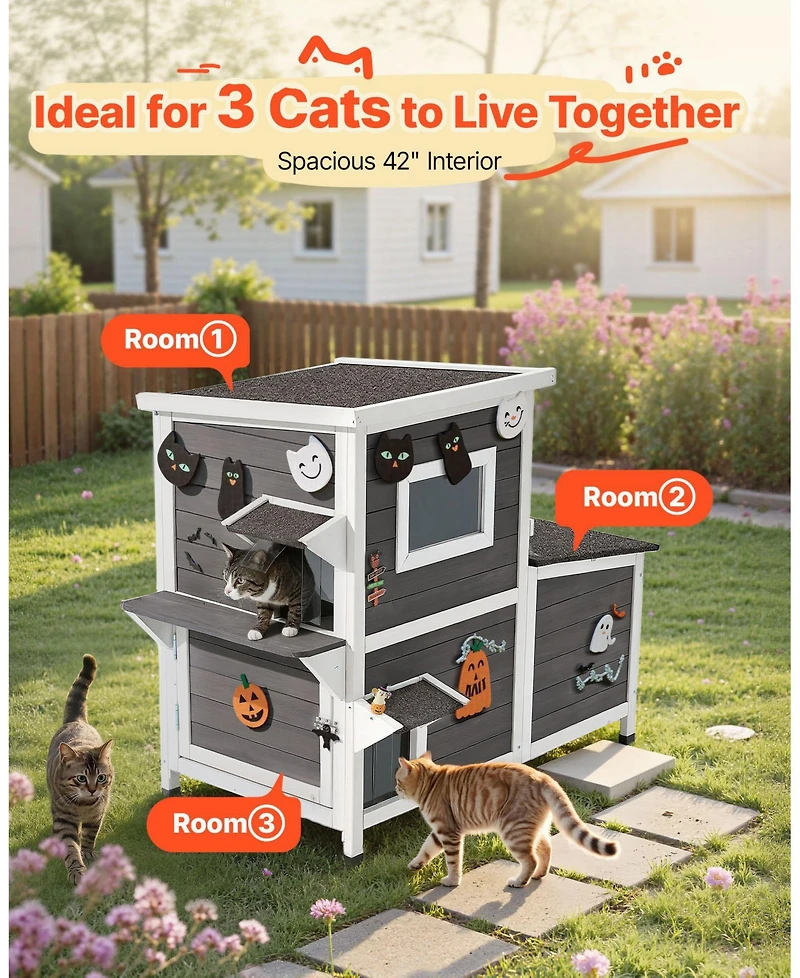 Cozito Cat House Outdoor 2-Story Wooden Shelter for 3 Cats