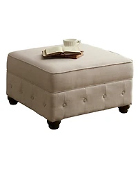 Boyel Living Classic Button-Tufted Linen Ottoman with Vintage Wooden Legs