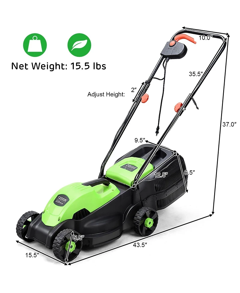 Sugift 13 Inch Electric Push Lawn Corded Mower with Grass Bag