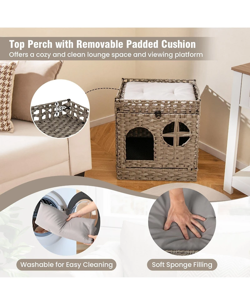 Cozito Cat Litter Box Enclosure Foldable 2-Tier Rattan with Mat