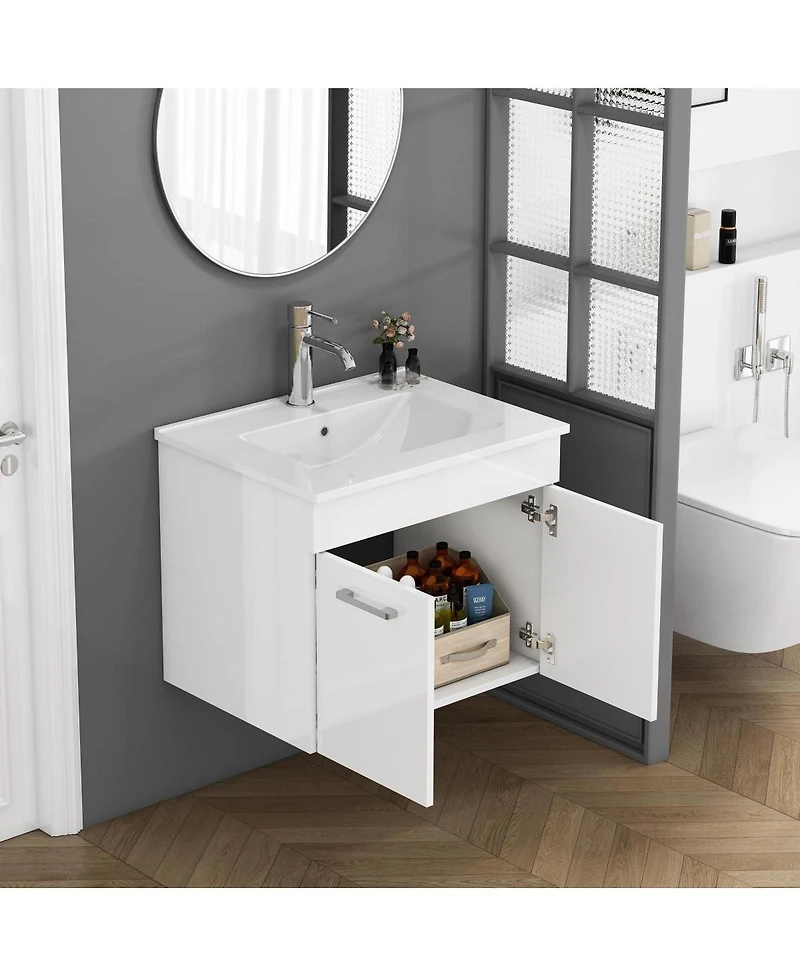 Sillysis Inch Wall Mounted Bathroom Vanity with Ceramic Sink, Soft Close Doors