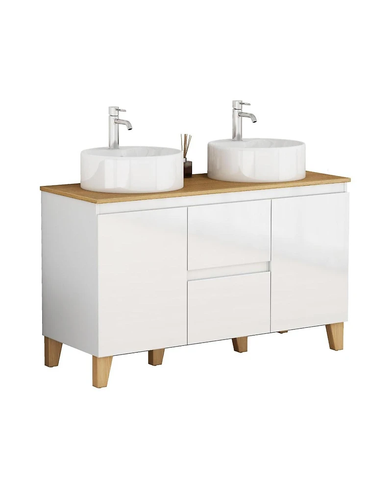 Sillysis Double Bathroom Vanity with Solid Wood Top, Round Ceramic Sinks, Glossy Cabinet, Soft-Close Storage for Large Spaces