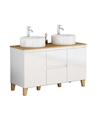 Sillysis Double Bathroom Vanity with Solid Wood Top, Round Ceramic Sinks, Glossy Cabinet, Soft-Close Storage for Large Spaces