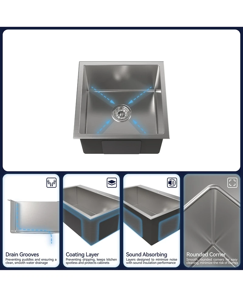 Busdays Stainless Steel Kitchen Sink, Single Bowl, Undermount HandmadeSink in Brushed Nickel, with Us Standard Drain and Hook