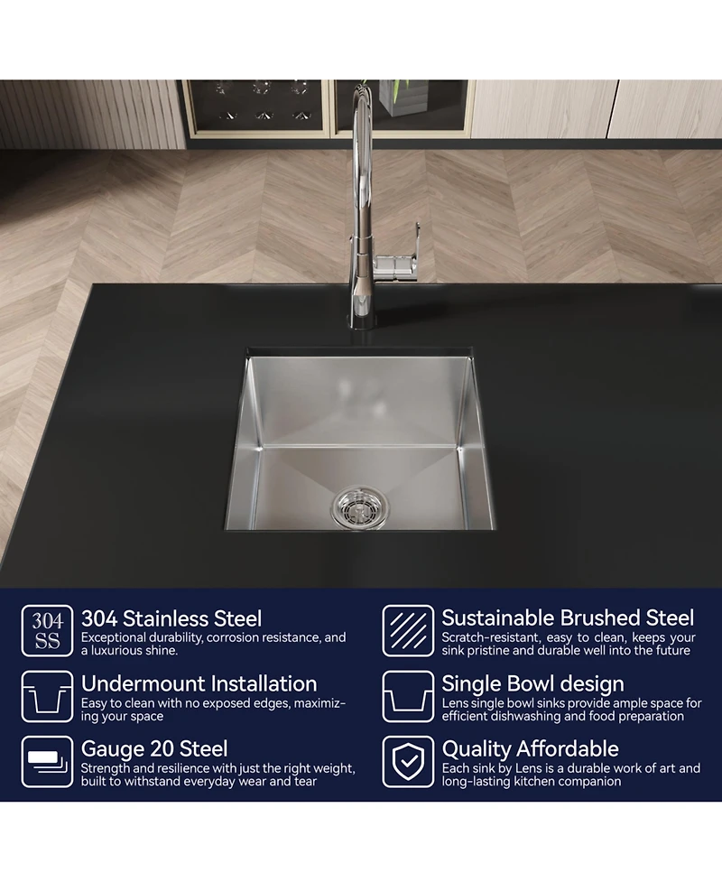 Busdays Stainless Steel Kitchen Sink, Single Bowl, Undermount HandmadeSink in Brushed Nickel, with Us Standard Drain and Hook