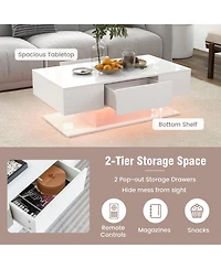 Sugift Modern Led Coffee Table with 20 Color Led Lights and 2 Storage Drawers-White