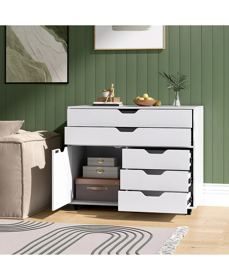 Sugift Modern Vertical 5-Drawer Mobile Chest with Door 5 Casters