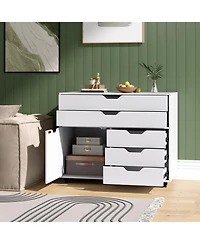Sugift Modern Vertical 5-Drawer Mobile Chest with Door 5 Casters