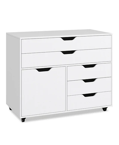 Sugift Modern Vertical 5-Drawer Mobile Chest with Door 5 Casters