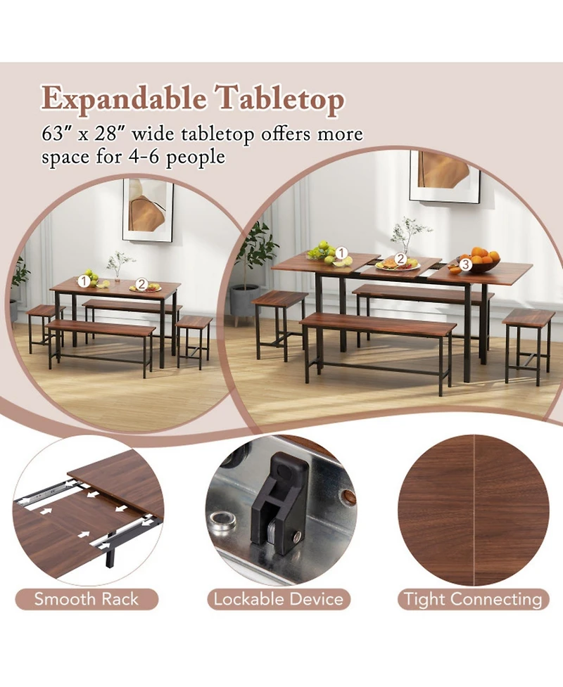 Gouun Extendable 5-Piece Dining Room Set for 4-6 with 2 Benches and 2 Stools