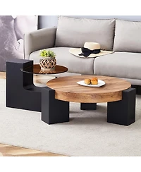 Rainsken Modern 2-Tier Coffee Table, Round Wooden Top with Black Block Legs and Glass Side Table for Living Room, Apartment