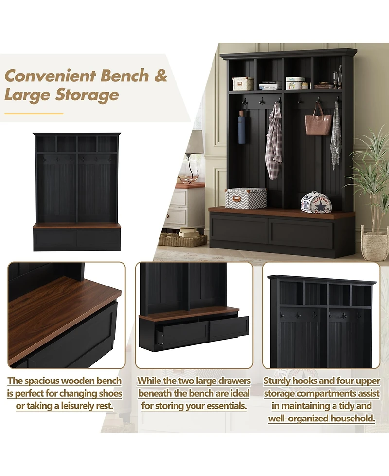 Rainsken Farmhouse Hall Tree, Versatile Coat Rack with Wood Grain Bench, 6 Hooks and 2 Storage Drawers, Entrance Organizer for Hallway, Living Room