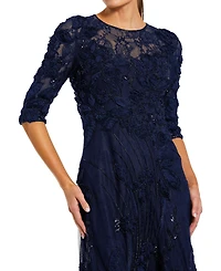 Mac Duggal Women's High Neck Embellished Lace Gown with 3/4 Sleeves