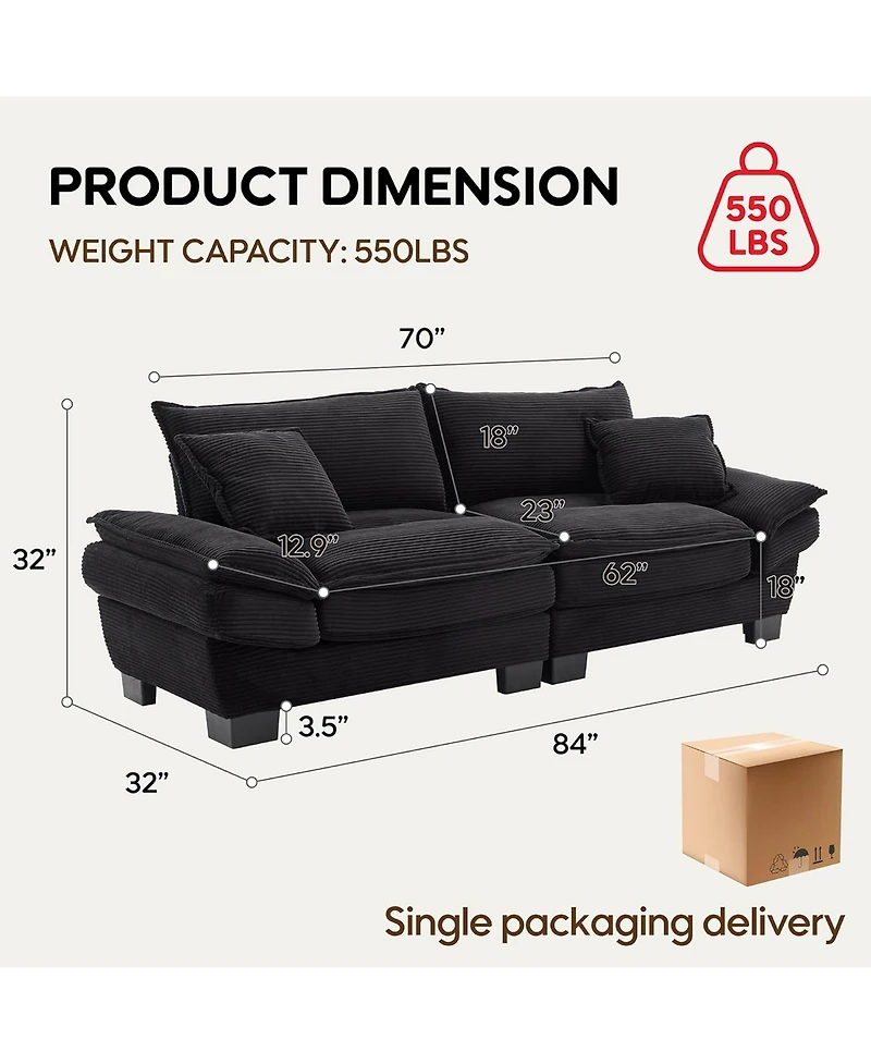 Rainsken Modern Corduroy Loveseat Sofa, Comfy Upholstered Deep Seat Couch with 2 Pillows for Living Room and Home Office