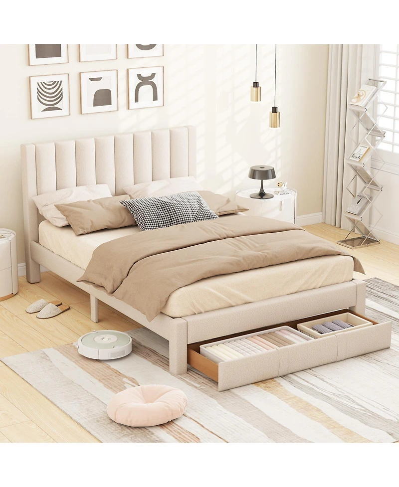 Sugift Bed Frame with Storage Drawer and Vertical Channel Headboard