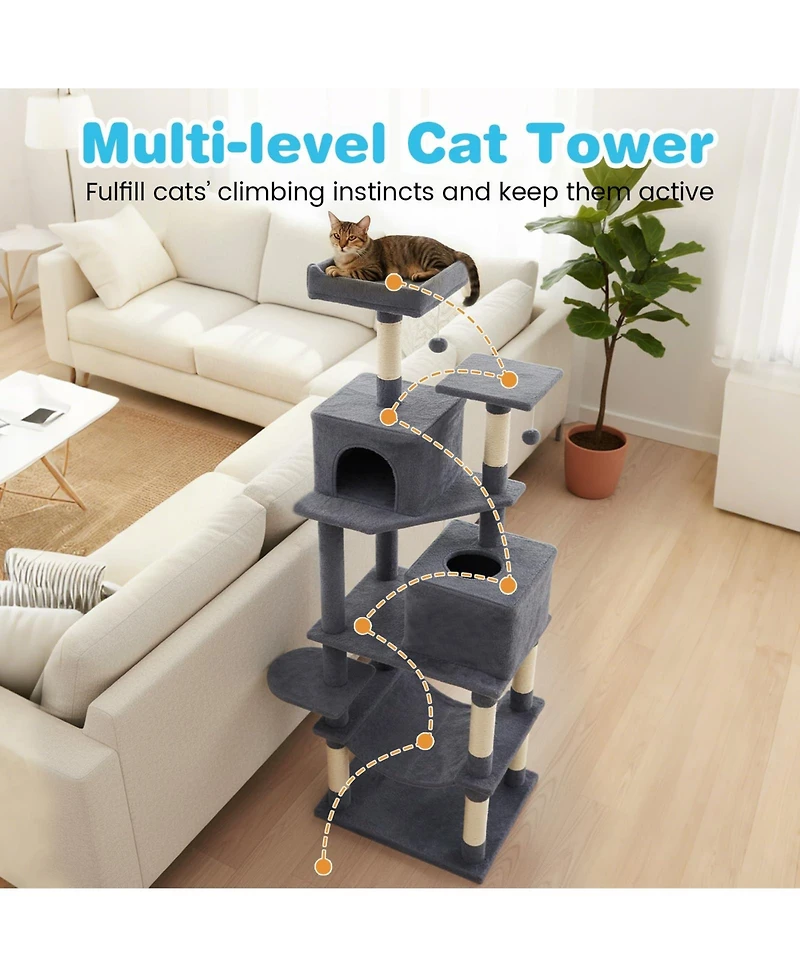 Cozito Cat Tree 58 inch Modern with Plush Perch and 2 Condos