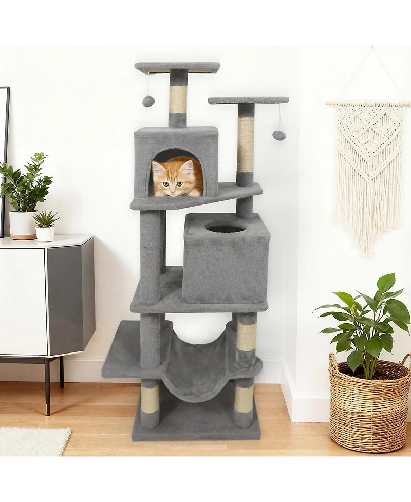 Cozito Cat Tree 57 in with 2 Condos Hammock and Hanging Balls