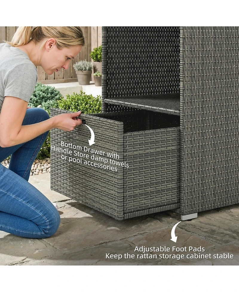 Outsunny Pe Rat Pool Towel Rack with 2 Storage Shelves Basket Mixed