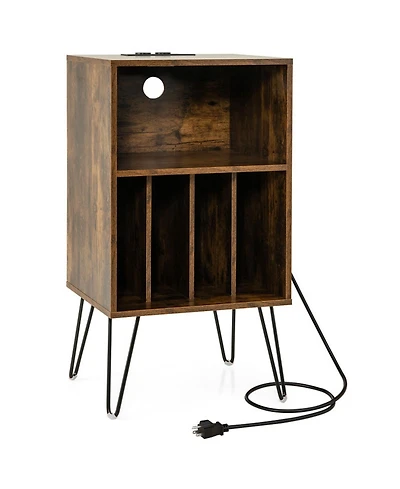 Gouun Record Player Stand Featuring Charging Station and 3-Tier Vinyl Storage