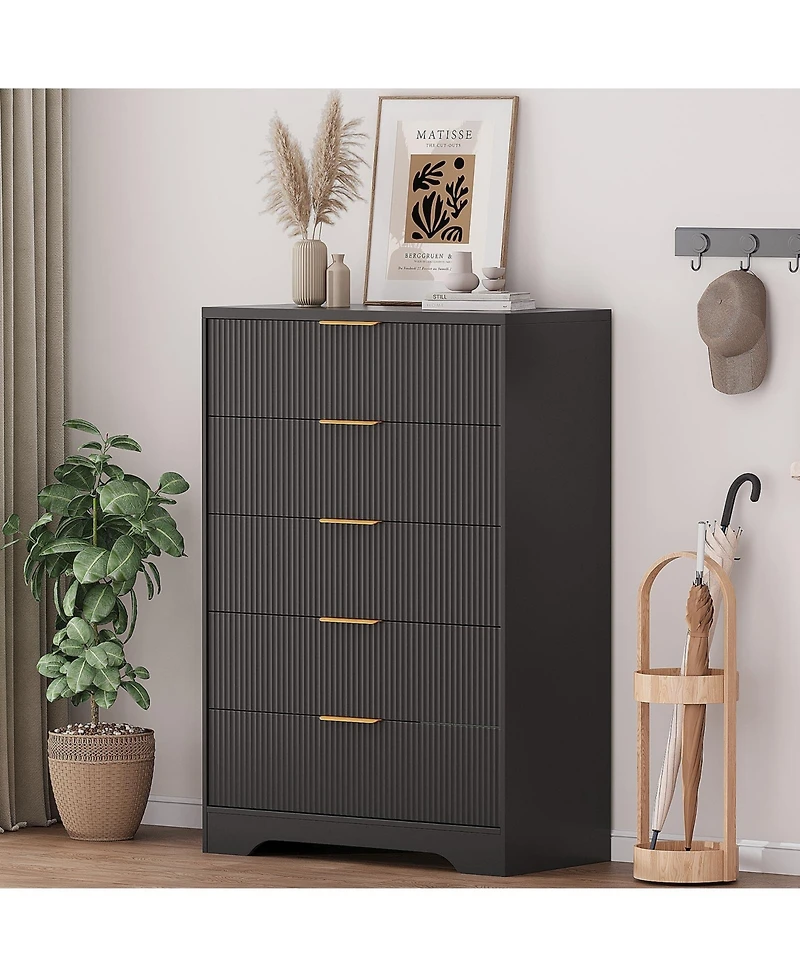 gaomon Bedroom 31.5" Tall Dresser, 5 Drawer Chest of Drawers, Engineered Wood Storage Cabinet with Gold Handles.