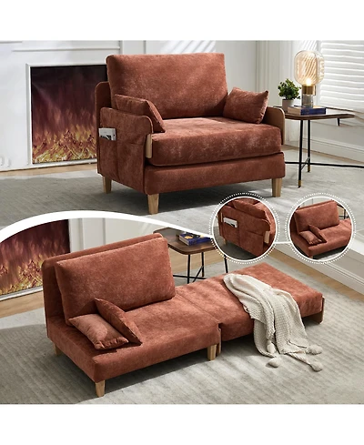Rainsken Chenille Convertible Sleeper Sofa Bed with 3 Pillows and Side Pocket, Modern Lounge Recliner for Living Room
