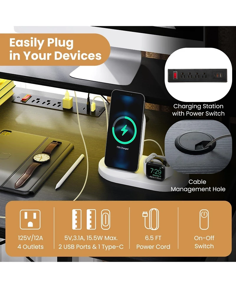 Mecale L-Shaped Gaming Desk with Led Lights and Built-In Power Outlets, Corner Workstation