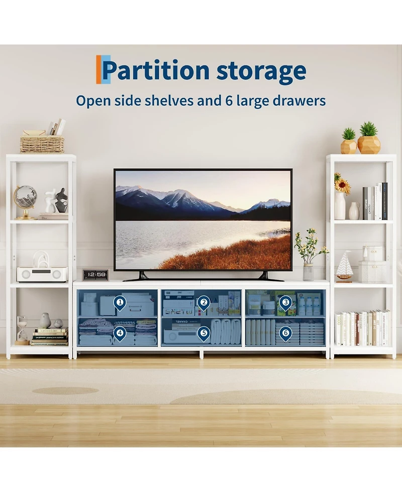 gaomon 88.9" Tv Stand for 75" Tv, Media Console with Fabric Drawers and 4-Tier Open Shelves.