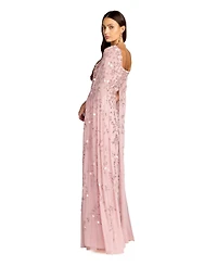 Mac Duggal Petite Embellished Cape Sleeve A-Line Mesh Maxi Gown