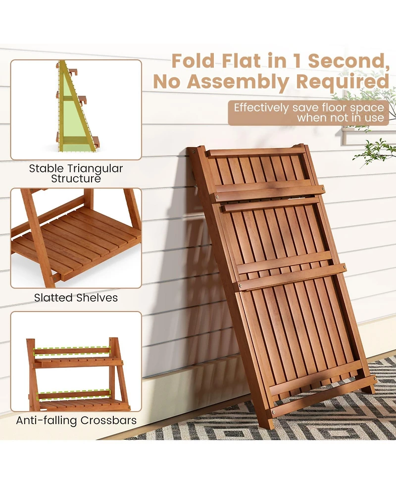 Sugift Foldable Three Tier Solid Wood Plant Stand for Patio
