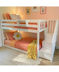 Max & Lily Solid Wood Twin over Twin Low Bunk Bed for Kids with Staircase