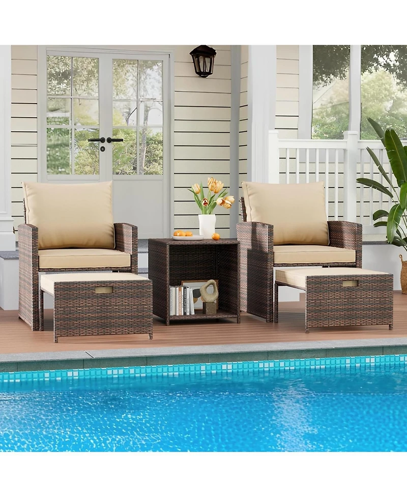 gaomon 5-Piece Patio Rattan Set with Ottomans and 2-Tier Coffee Table