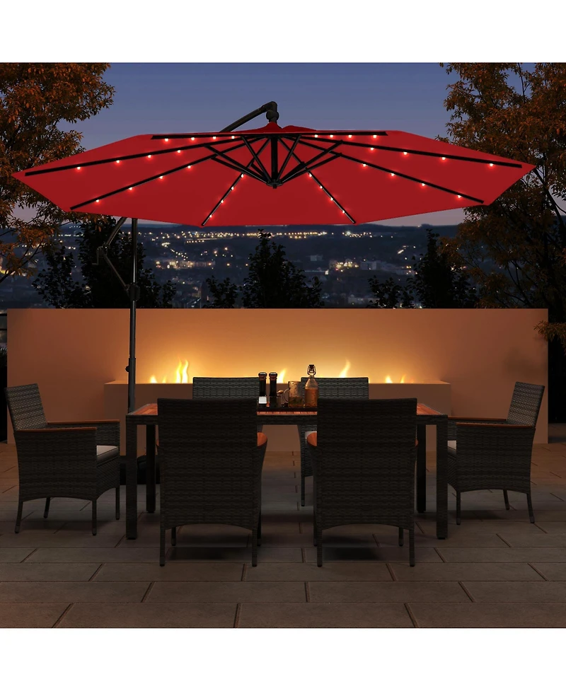 Sugift 10 Feet Solar Offset Hanging Umbrella with Base and 32 Led Lights-Wine