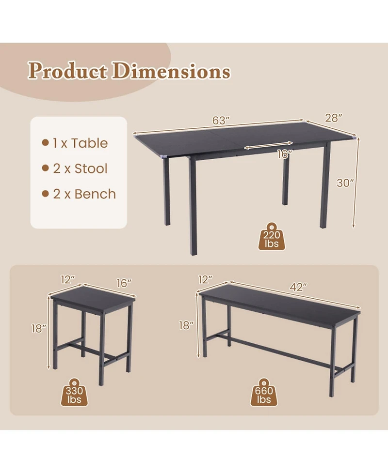 Gouun 5-Piece Expandable Dining Table Set with Benches and Stools, Seats 4 to 6
