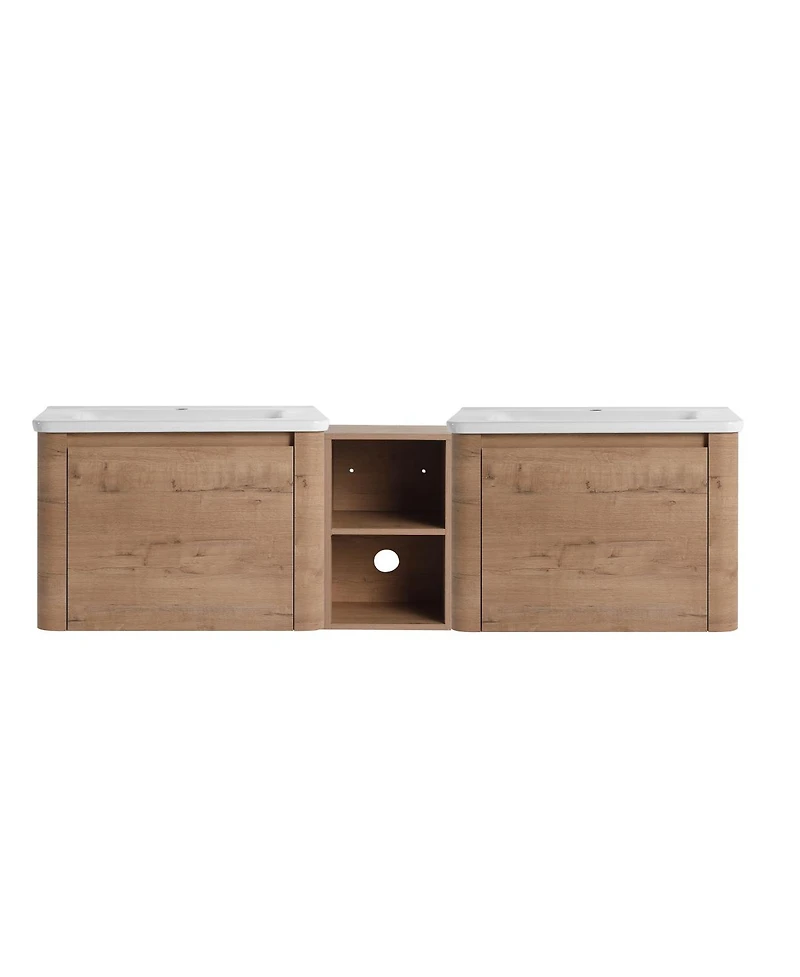 Sillysis Inch Wall Mounted Double Sink Bathroom Vanity with Storage Shelves, Plywood Cabinet and Soft Close Doors