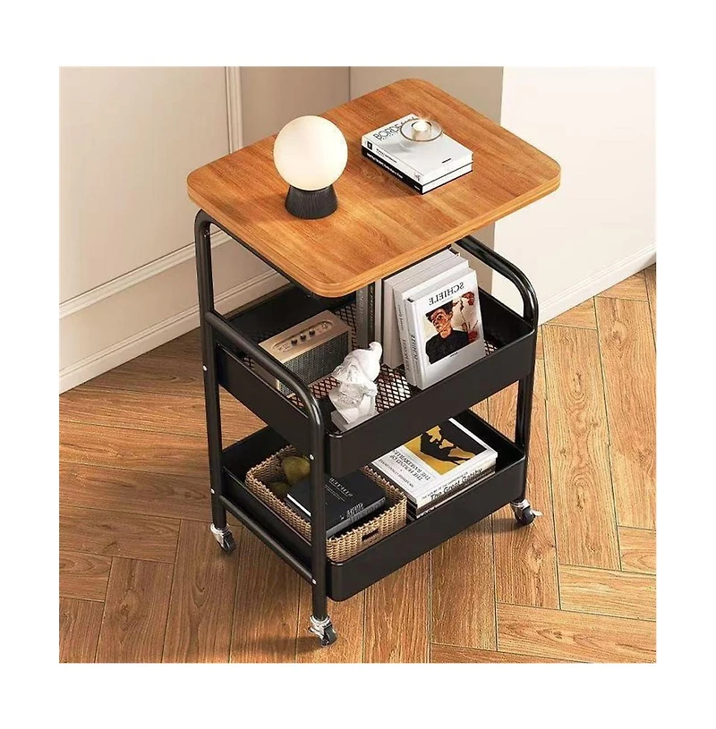 gaomon 3-Tier Rolling Cart w/Wooden Tabletop, Utility Cart w/Lockable Wheels, Multipurpose Storage Organizer Trolley for Kitchen, Office, Bedroom