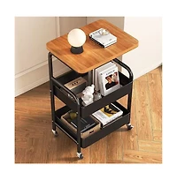 gaomon 3-Tier Rolling Cart w/Wooden Tabletop, Utility Cart w/Lockable Wheels, Multipurpose Storage Organizer Trolley for Kitchen, Office, Bedroom