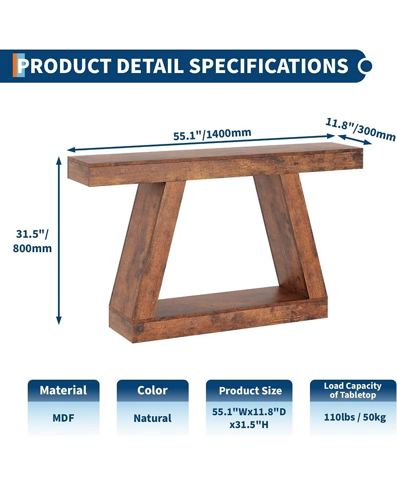 gaomon Farmhouse Console Table with Trapezium Design - 55" Wooden Sofa Table with Open Storage Shelf, Industrial Entryway Table for Living Room