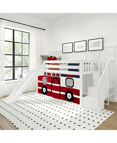 Max & Lily Low Loft With Stairs, Easy Slide and Firetruck Curtain