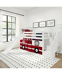 Max & Lily Low Loft With Stairs, Easy Slide and Firetruck Curtain