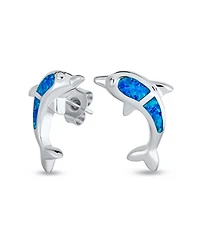 Bling Jewelry Hawaiian Created Blue Opal Inlay Nautical Dolphin Stud Earrings .925 Sterling Silver
