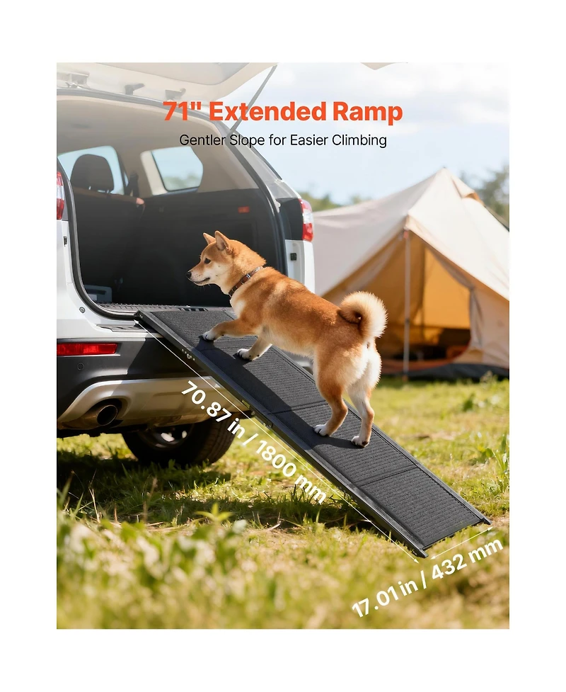 Aostirmotor 71" Folding Dog Ramp for Cars, Suv and Truck. Non-slip felt surface, supports up to 250lbs, portable design, ideal