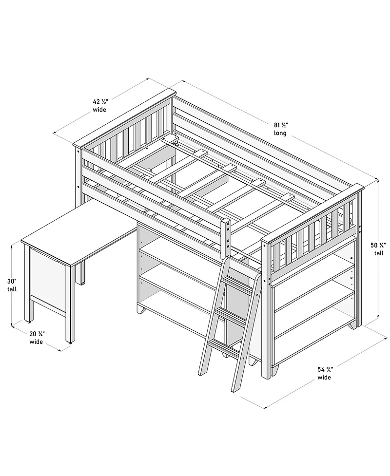 Max & Lily Twin-Size Low Loft With Pull-Out Desk and 3-Shelf Bookcases