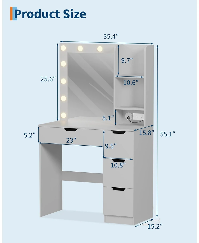 Homfan Vanity Desk with Mirror and Lights, 4 Drawers, Built-in Power Outlet Usb, Adjustable Led Lighting, Makeup Table for Bedroom