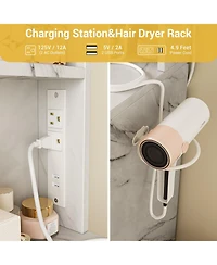 Homfan Modern Makeup Vanity Desk with Led Mirror, Charging Station, 4 Drawers, Storage Shelves & Cushioned Stool