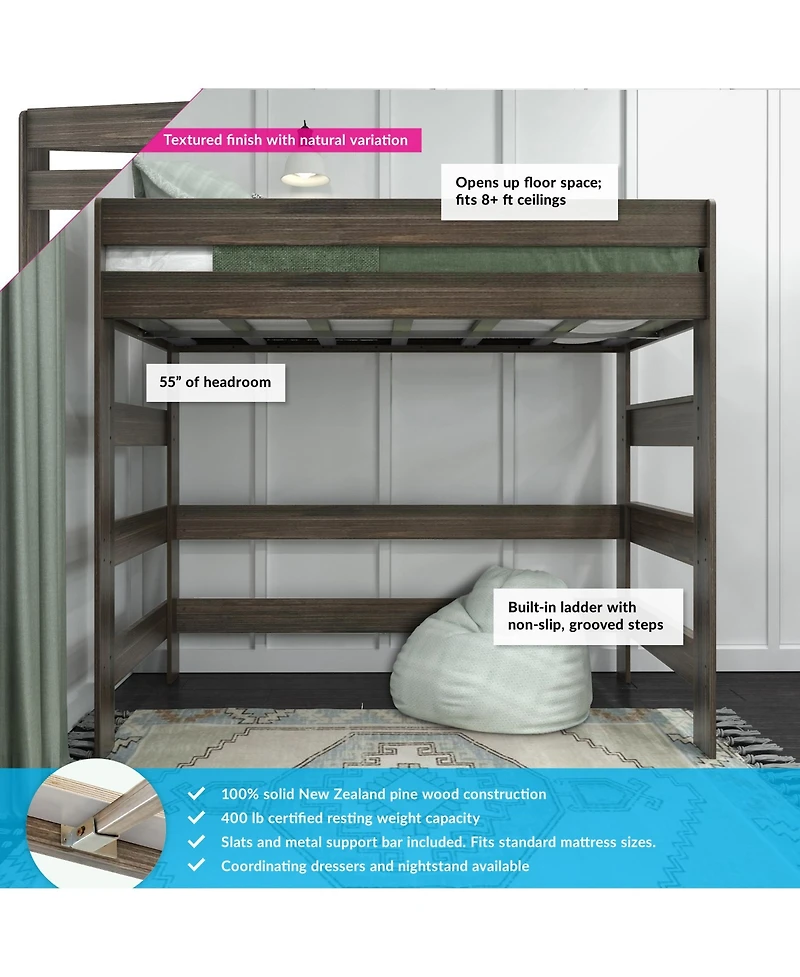 Max & Lily Solid Wood Modern Farmhouse High Loft Bed, Twin Bed Frame For Kids