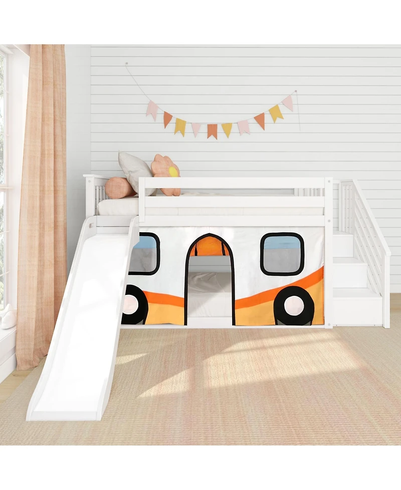 Max & Lily Low Twin over Twin Bunk With Stairs, Easy Slide and Orange Camper Van Curtain