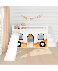 Max & Lily Low Twin over Twin Bunk With Stairs, Easy Slide and Orange Camper Van Curtain